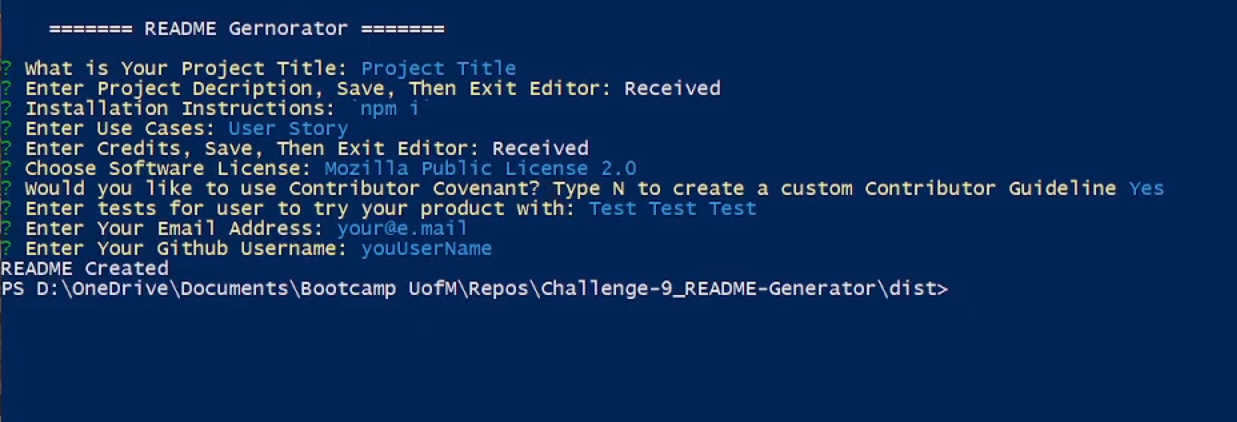 screenshot of read me generator running in power shell