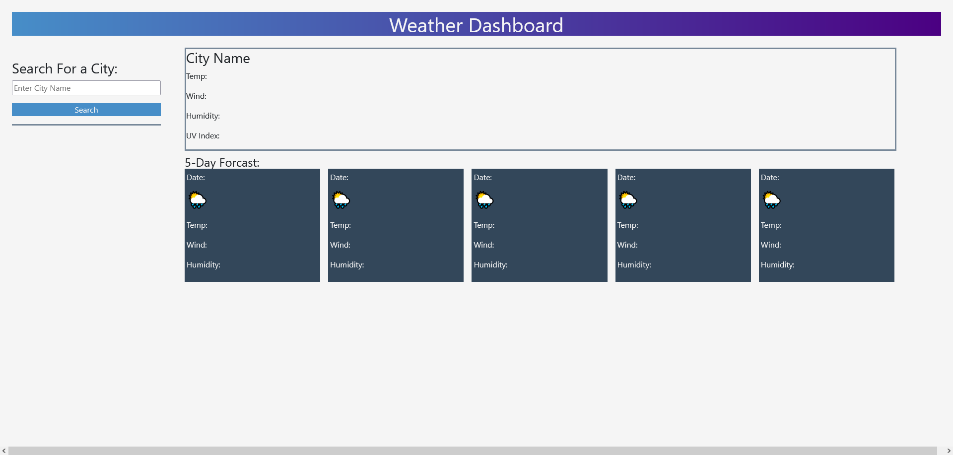 screenshot of weather dashboard website